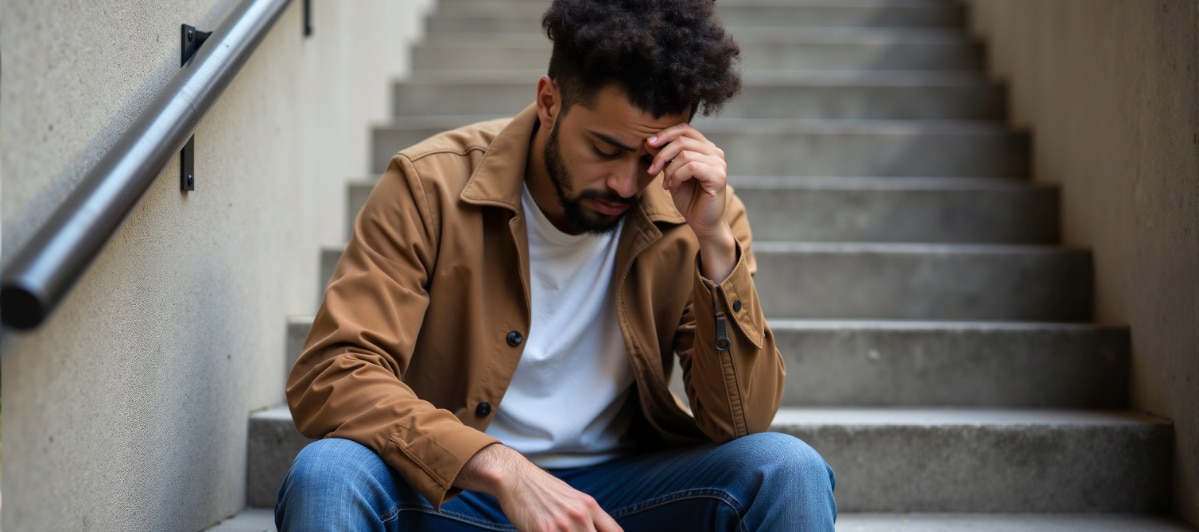 A Guide to Chronic Pelvic Pain Causes and Treatments-4-Sad A man puts his hand to his head as he sits on steps due to chronic pelvic pain