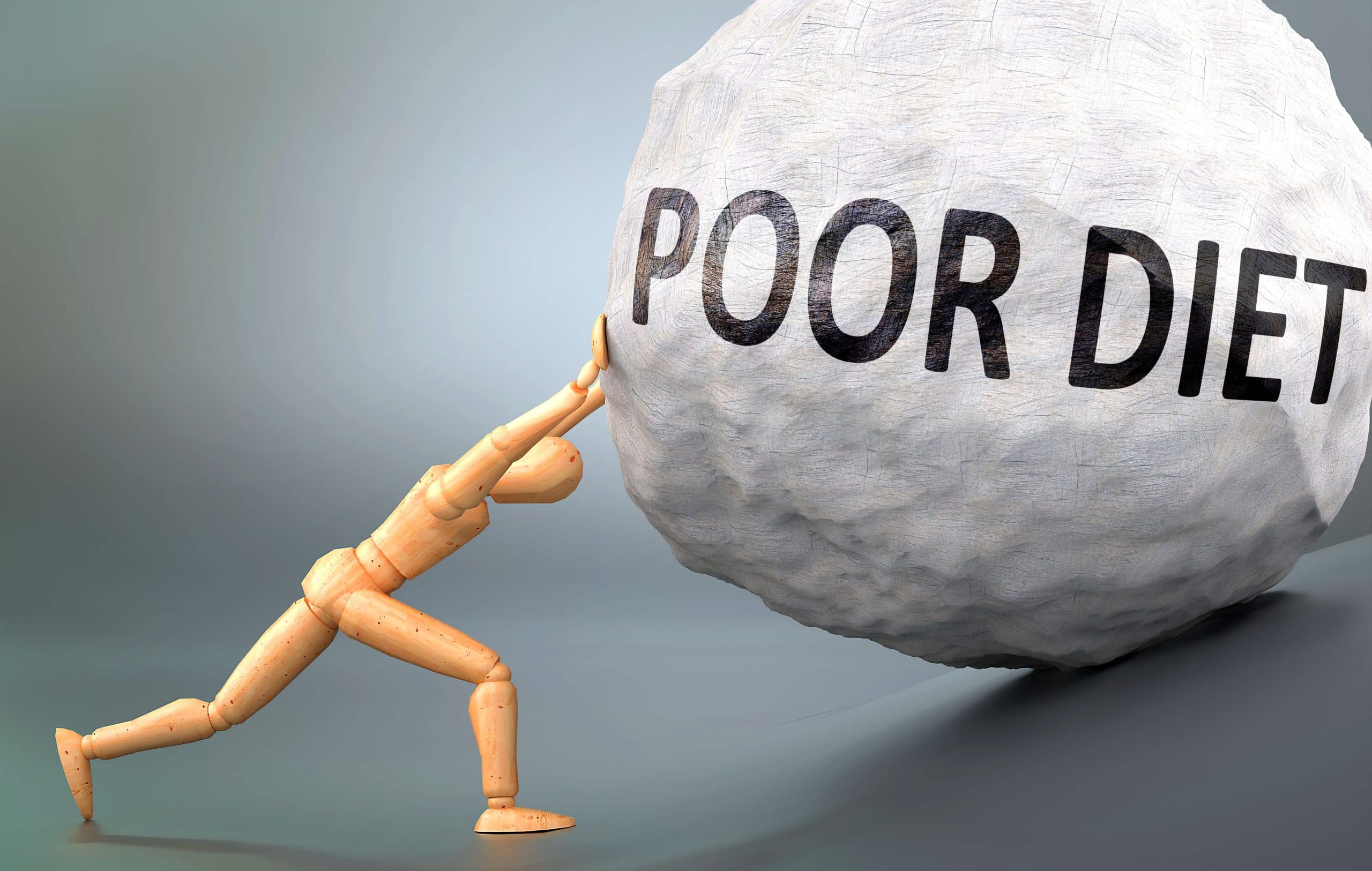Poor diet and painful human condition, pictured as a wooden human figure pushing heavy weight to show how hard it can be to deal with Poor diet in human life, 3d illustration Poor diet and painful human condition, pictured as a wooden human figure pushing heavy weight to show how hard it can be to deal with Poor diet in human life, 3d illustration