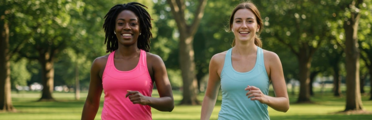 Can Electrical Stimulation Help Neuropathy in Feet-4-Joggers Two women smile as they jog without foot pain after peripheral nerve stimulation