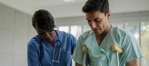 A doctor helps her patient walking with crutches