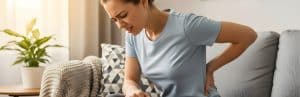 A woman winces and holds her back due to musculoskeletal pain