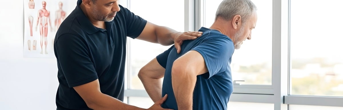 Heart Disease Symptoms You Need to Know (33) A physical therapist helps a patients with lumbar pain