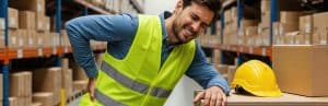 A warehouse worker winces and holds his back because he needs proper epidural pain management