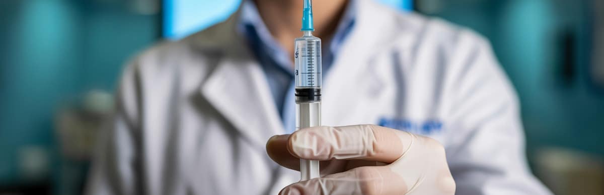 Heart Disease Symptoms You Need to Know (64) A doctor in a lab coat holds an injection needle for an epidural steroid injection