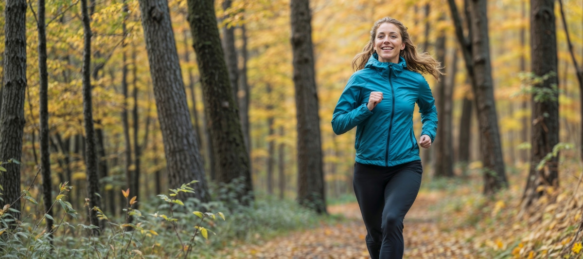 Ideal Candidates for Kyphoplasty-4-Runner A woman smiles as she jogs through the woods after kyphoplasty treatment