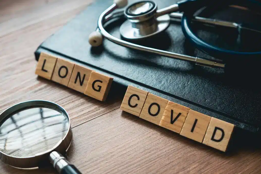 Long Covid Long Covid text on a medical doctors desk