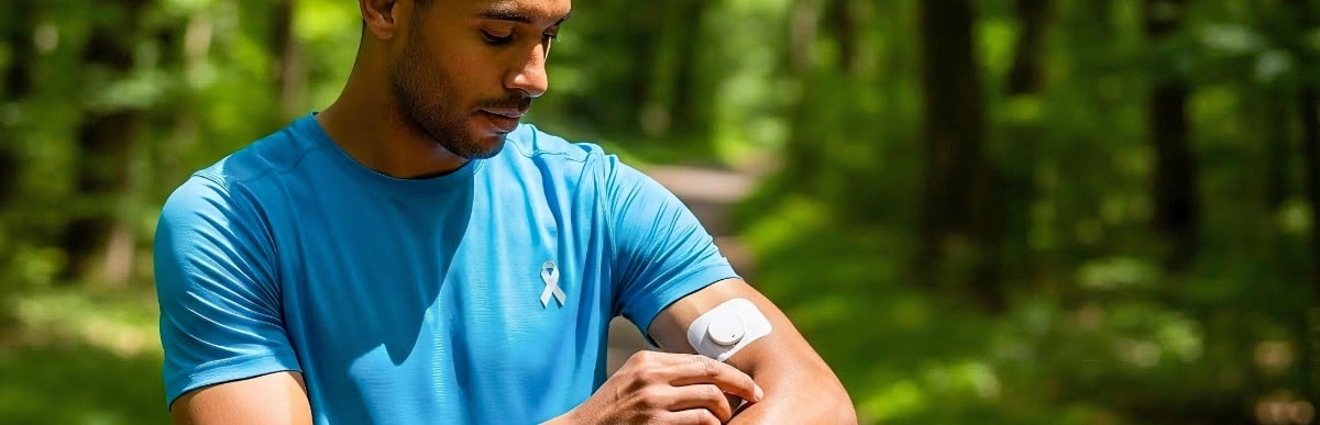Making Sense of Glucose Management Indicators-4 A jogger checks his CGM for glucose management indicators while on a run