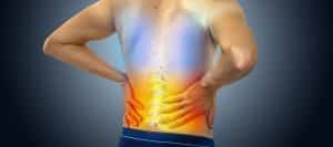 A man suffering from nerve pain is holding is back where orange blue and red hight areas of pain.