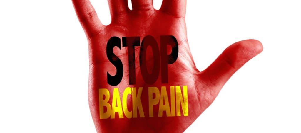 A red hand with the word "stop back pain" written on them.