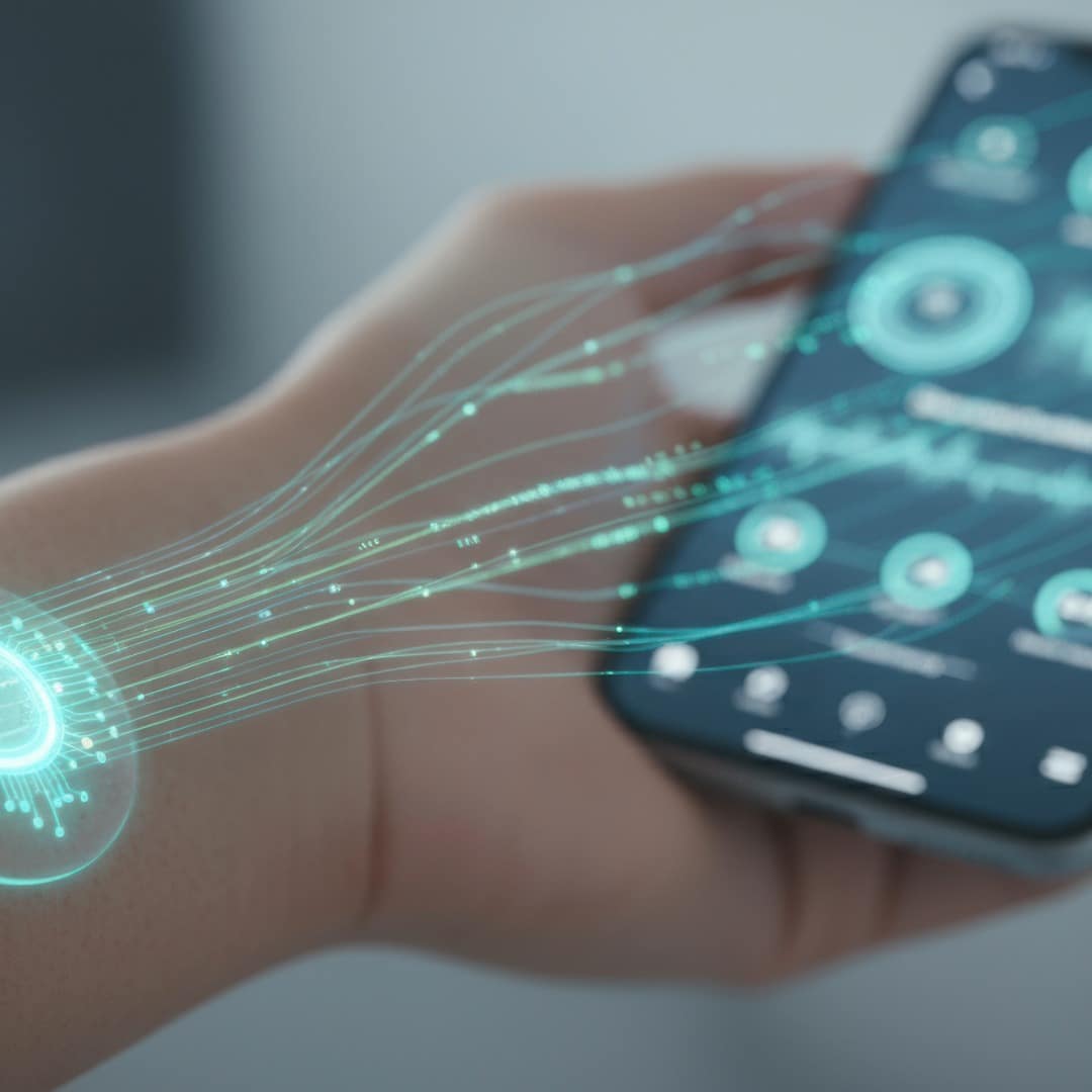 Glucose Person checks glucose levels with a glucose monitoring implant app